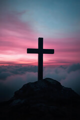 Christian Cross on Mountain Summit with Scenic Sky in the Background