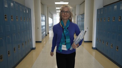 A mature woman, dressed in professional attire, confidently walks through a school hallway, carrying books and papers. She exudes warmth and professionalism in her setting.