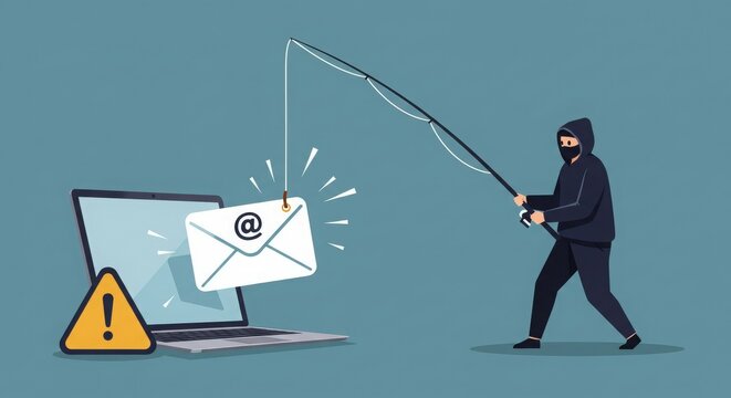 A cartoon depiction of phishing, showing a hacker fishing for email data from a computer.