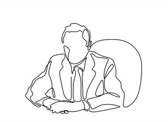 Businessman Sitting Continuous Single Line Drawing on White Background. Man Working Vector Line Art Drawing. Manager Silhouette in Linear Minimalistic Style.Editable stroke.	