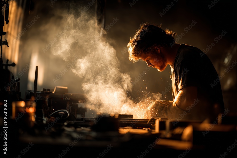 Poster young artisan working in a dimly lit workshop, surrounded by the glow of tools and a cloud of dust d