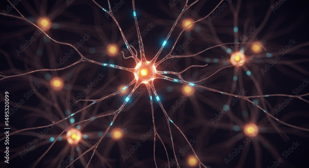 Poster a close-up view of interconnected neurons illustrating brain activity and communication.