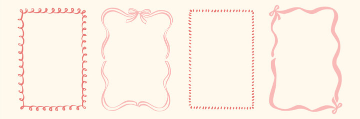 Set whimsical frames with wavy lines, bows, curly ribbons. Hand-drawn trendy vintage style, perfect for wedding invitations, birthday cards, and holiday decor. Minimalist coquette border line art