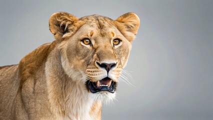 Obraz premium A powerful and alert lioness gazes intently forward, showcasing her striking golden eyes and the detailed texture of her fur, against a soft, diffused grey background