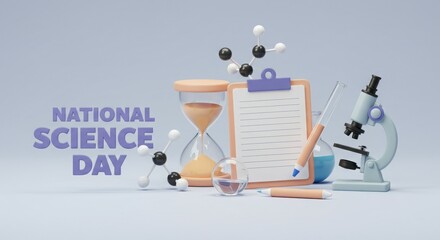 A colorful arrangement celebrating National Science Day with scientific tools and symbols.