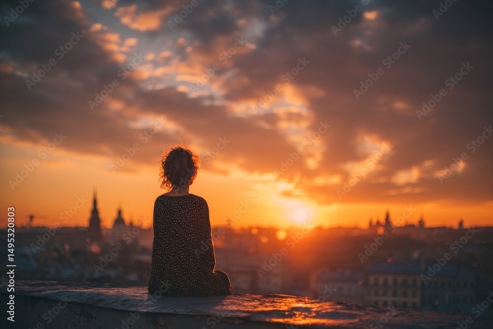 Poster sunset view from a rooftop in an urban setting with a woman contemplating the evening sky