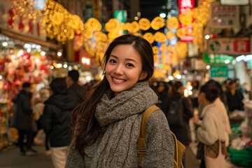 Obraz premium Woman smiles warmly amidst festive lights and crowds in vibrant market during evening hours