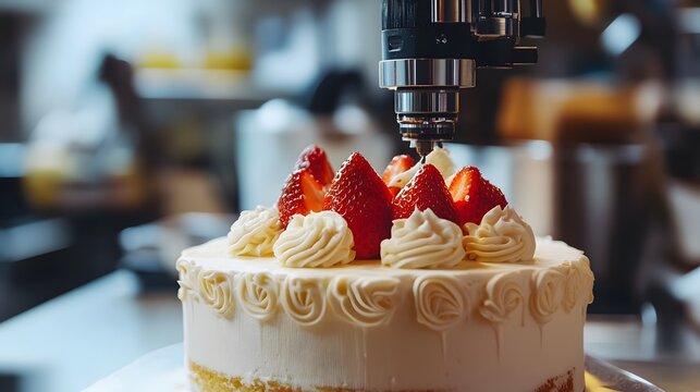 Close-up of a cake decorated with whipped cream and fresh strawberries.