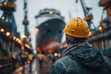 Worker observes ship construction at a busy shipyard during a rainy afternoon near the coast