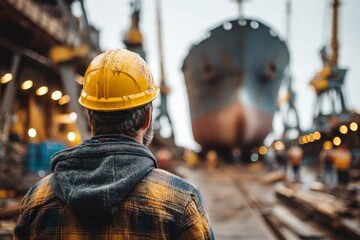 Worker observes ship construction at a bustling dockyard during overcast afternoon hours
