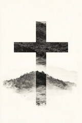 Double Exposure Christian Cross with Mountain Landscape in Monochrome Design