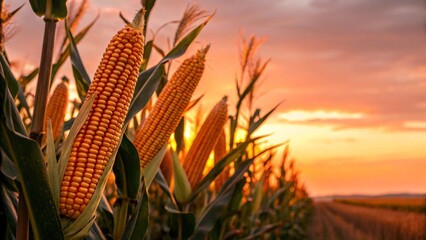 A beautiful agricultural panorama showing rows of corn stalks reaching towards a dramatic sunset, emphasizing the rich colors of the evening sky. Ideal for sustainability, natural beauty