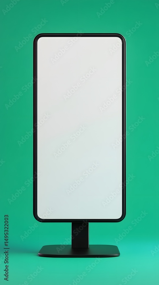Poster digitally rendered graphic of a blank vertical display positioned on a dark stand.