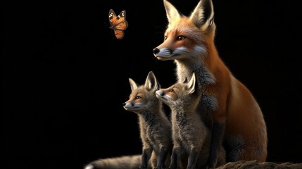 Fototapeta premium Fox family watching butterfly, dark background, wildlife scene, nature poster