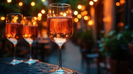 Wine Glasses with Pink Champagne on Table with Bokeh Lights