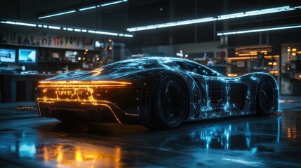 Wireframe Sports Car in Industrial Garage