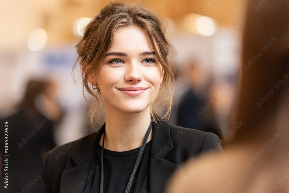 Poster young woman smiles warmly while engaging in conversation at a networking event in a modern setting