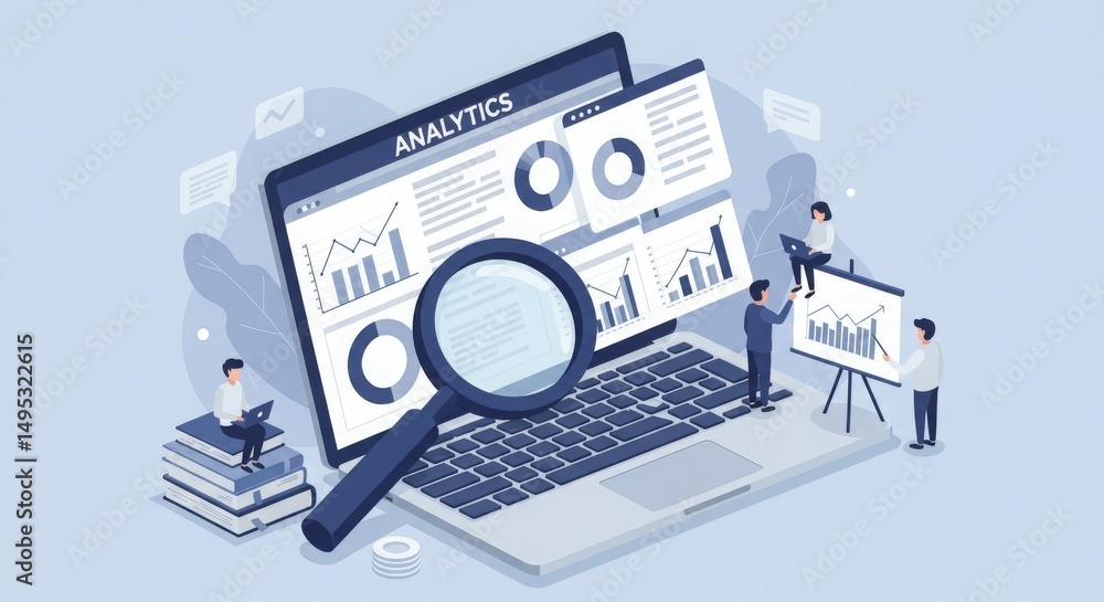 Poster a digital analytics dashboard with charts, graphs, and figures being analyzed.