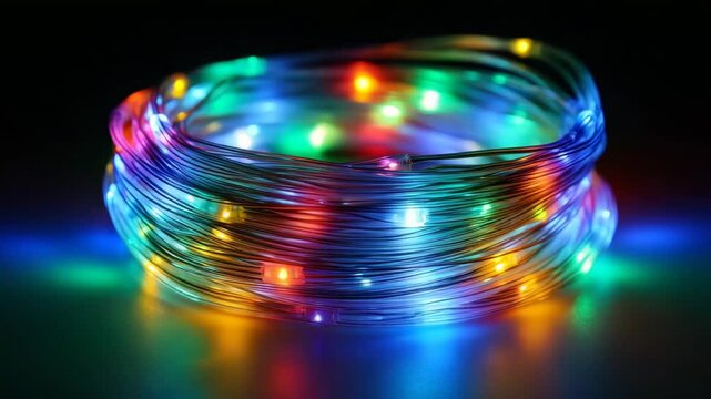 Rainbow LED fairy-light string neatly coiled for creative decoration and ambiance