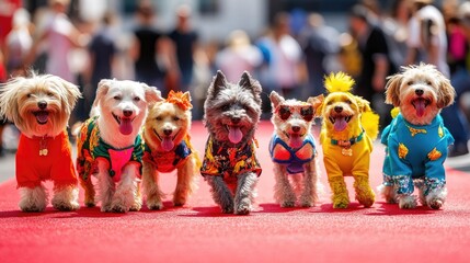 A group of dogs in coordinated outfits walking the red carpet