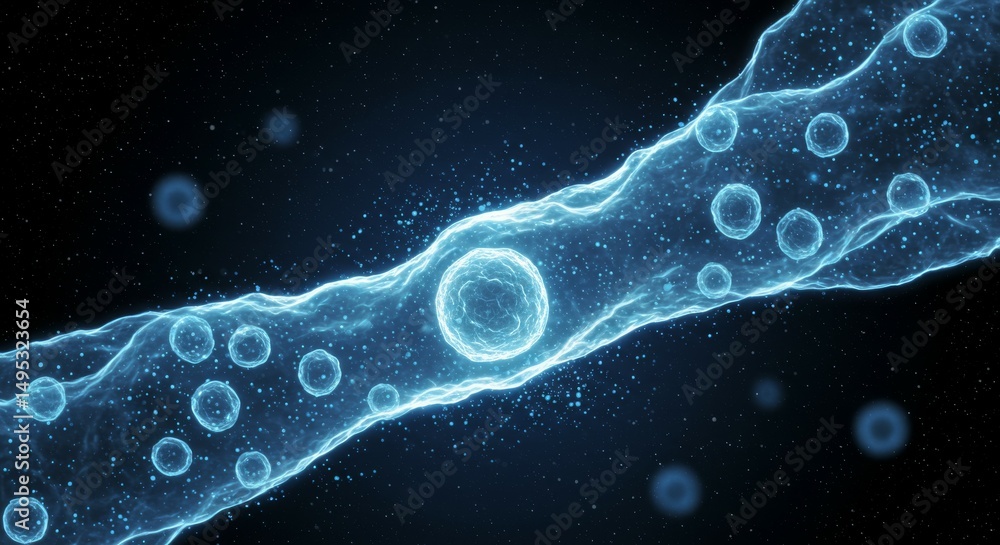 Poster a digital representation of cells within a fluid medium, illustrating biological processes.