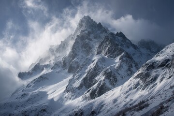 Snowy Mountain Peak With Drifting Clouds, Representing Adventure Travel and High Altitude Exploration for Outdoor Enthusiasts and Winter Sports Promotion : Generative AI