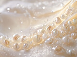 Beautiful arrangement of pearls on soft golden fabric reflecting elegance and luxury in a serene setting
