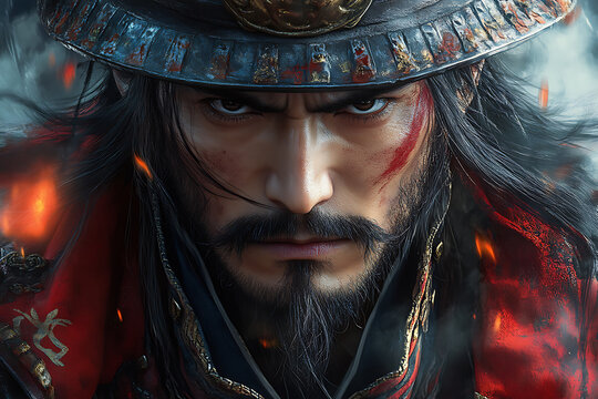 A dramatic illustration of Oda Nobunaga, the legendary Japanese warlord, portrayed in traditional samurai armor with fierce expression, capturing his power, legacy, and warrior spirit.


