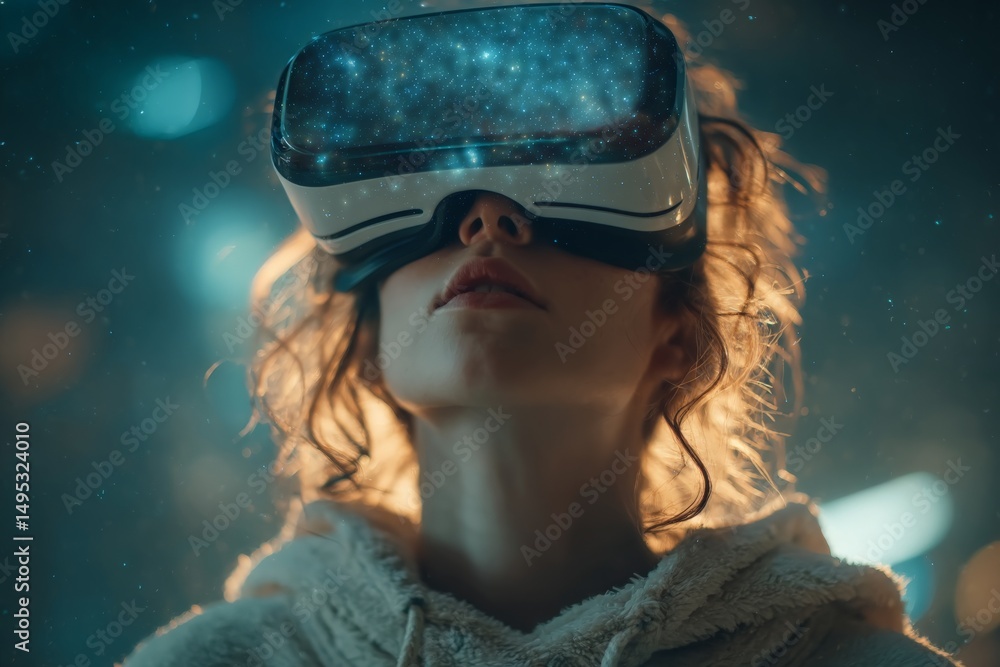 Aufkleber individual exploring virtual reality in a futuristic environment with immersive technology at night