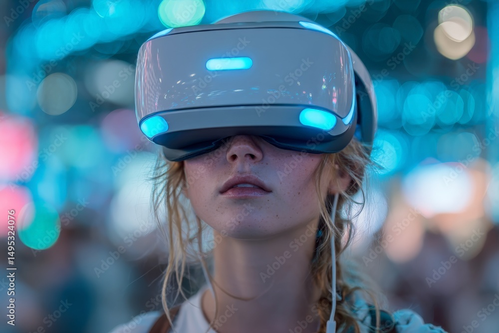 Aufkleber girl experiences virtual reality technology at a tech event in a vibrant urban setting