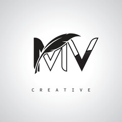 MV Letter Logo with Feather Pen – Elegant Monogram for Creative Branding and Identity Design