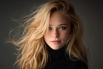 Fototapeta premium Young woman with flowing hair poses in a stylish black sweater, capturing a captivating expression in soft lighting