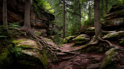 Tranquil Forest Pathway Through Ancient Rocks and Lush Foliage
