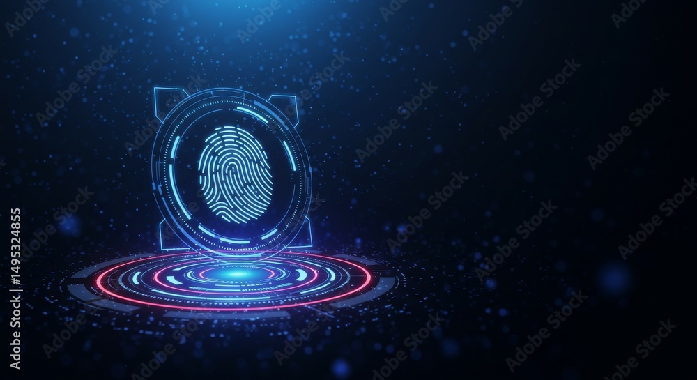 Poster a futuristic fingerprint scanner design with digital effects and glowing elements.