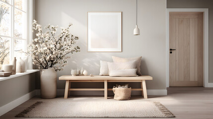 A simple entryway with pale gray walls, a natural wood bench, and minimal accessories in soft pastel hues, softly lit by window to the left 81330556 3