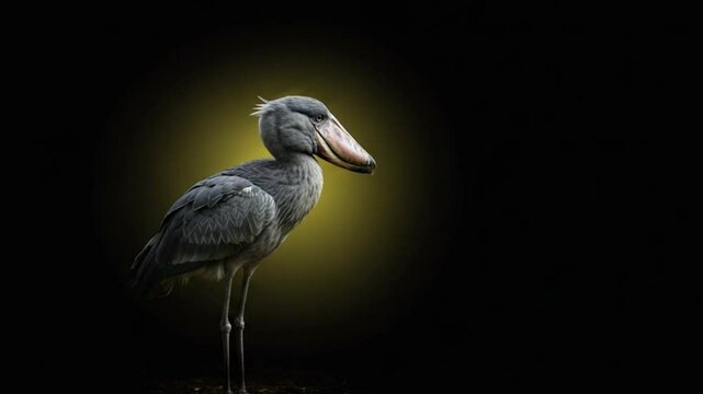 Shoebill Stork in Sunlight: An awe-inspiring shoebill stork stands regally against a dark backdrop, its plumage a study in grays, accentuated by the soft glow illuminating its striking bill.