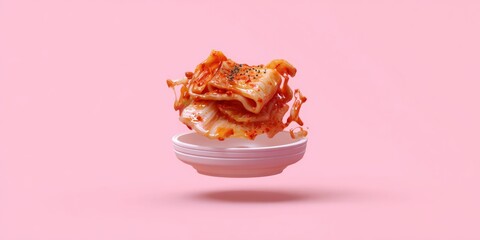 Cute and Chunky Kimchi Portion with Colorful Sauce on Pink Background
