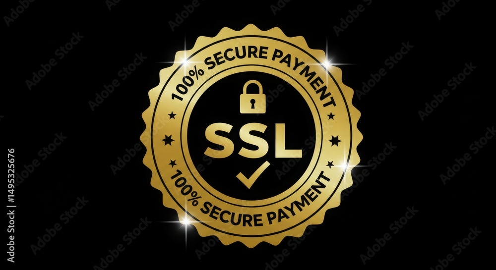 Aufkleber a golden seal indicating 100% secure payment with ssl encryption symbol.