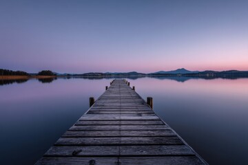 Wooden Pier Stretching Over Still Lake at Dusk, Evoking Serenity and Peaceful Escape for Travel and Wellness Concepts : Generative AI