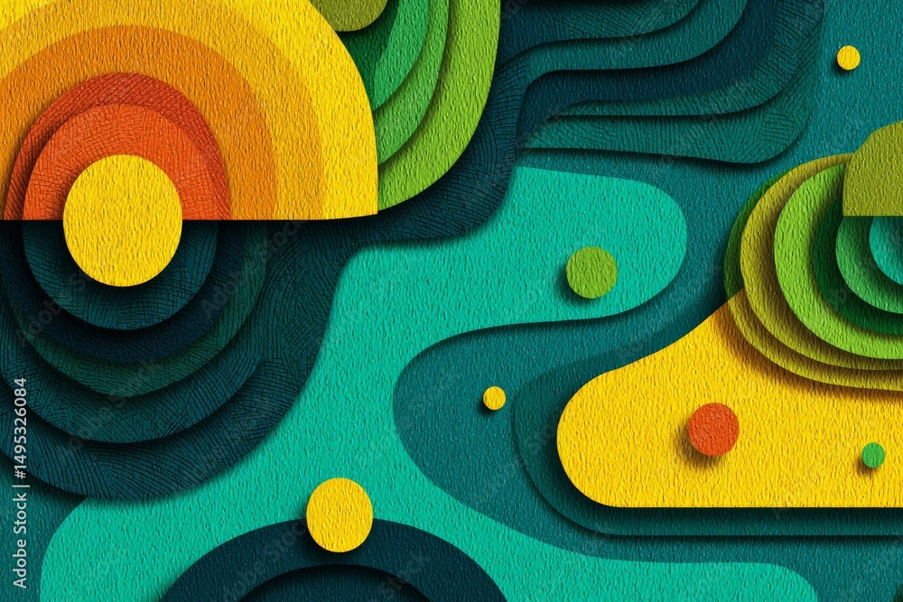 Poster Colorful abstract landscape with layered shapes and vibrant colors creating a dynamic visual experience