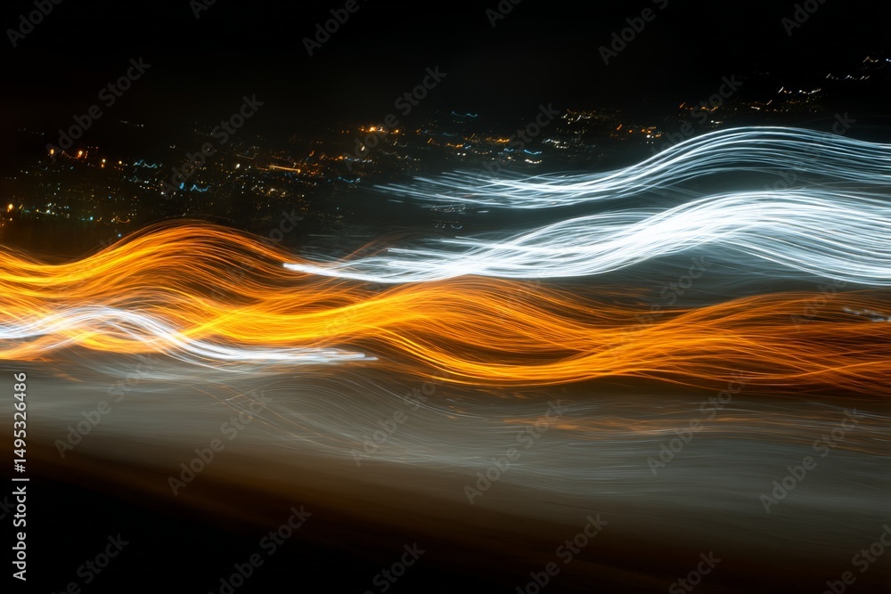 Poster long exposure light trails create vibrant patterns against a night skyline