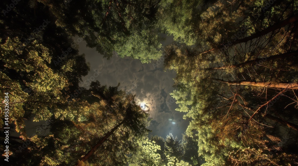Aufkleber looking up at moon through trees at night, representing natural wonder and environmental conservatio