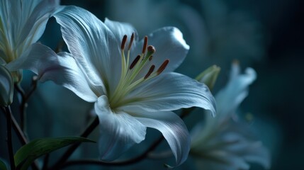 Close-Up of White Lily Against Dark Background, Symbolizing Purity and Remembrance for Funeral Services and Memorials : Generative AI