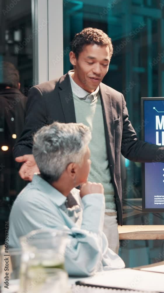 Aufkleber business man, presentation and machine learning at office, night and discussion for ai development. 