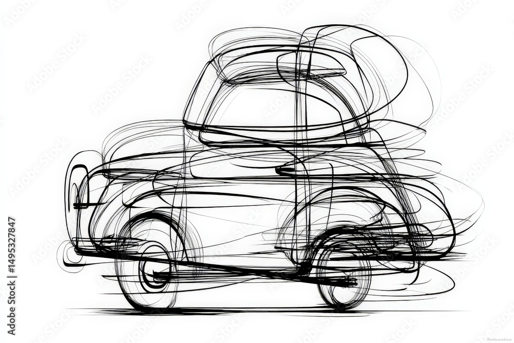 Poster Dynamic sketch of a vintage car in motion captured through abstract lines and curves illustrating speed and energy