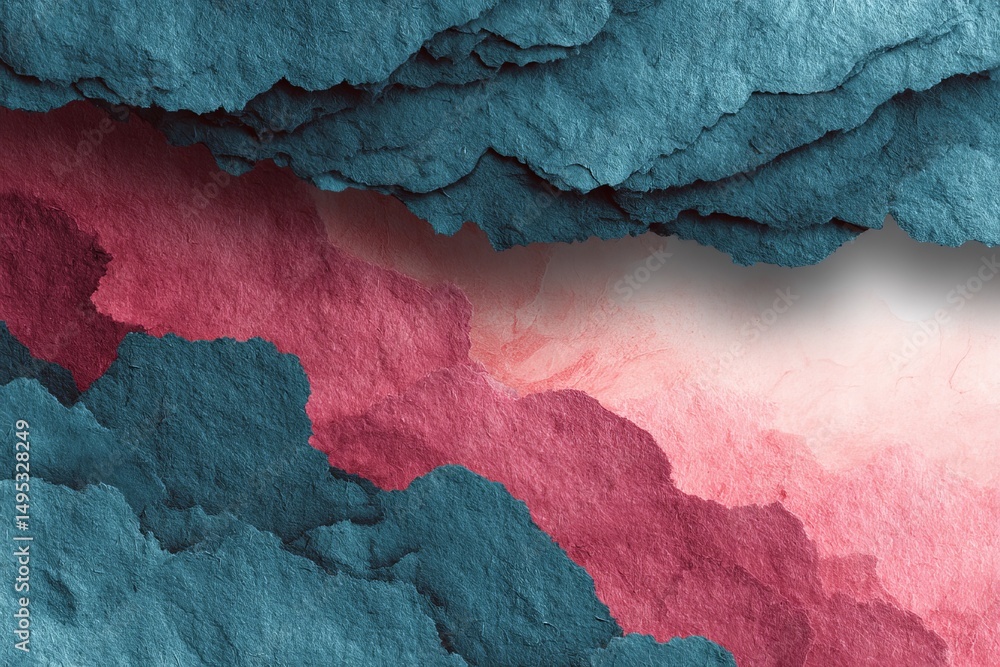 Poster layered textures of colorful paper create an abstract design with shades of blue and pink in a creat