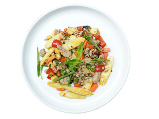 Thai food, Pad Krapow Pork, white plate, white background, popular food