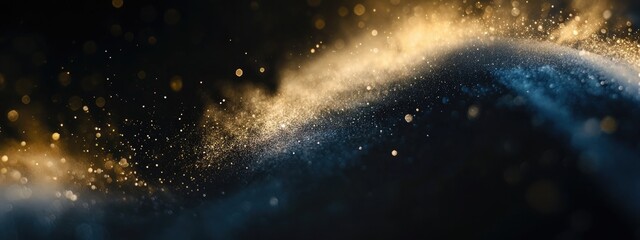 Cosmic dust swirls in an ethereal dance, creating shimmering trails of light against a dark backdrop in a vast universe