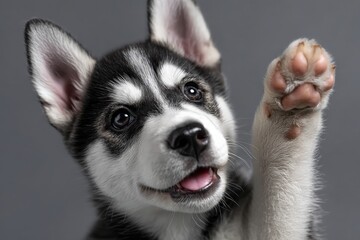 Fototapeta premium Happy husky puppy playfully raising paw with a cheerful expression against a gray background