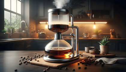 Self-brewing glass coffee siphon, Ai generated image